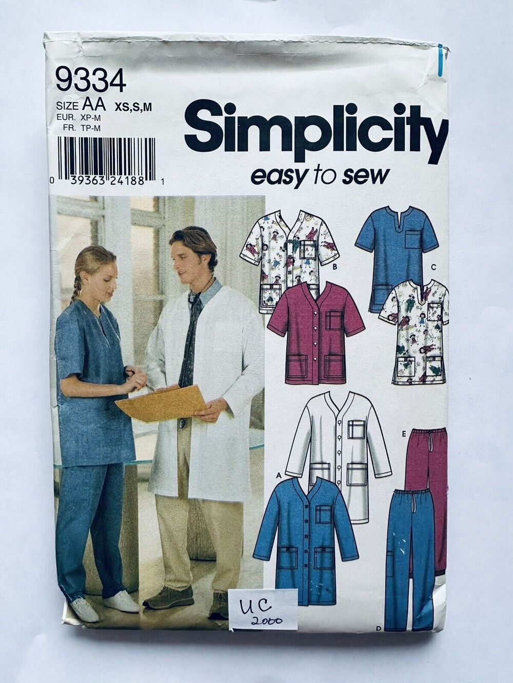 Simplicity 9334 Unisex Scrubs Lab Coat Top Pants Jacket EASY Sewing Pattern XS-M